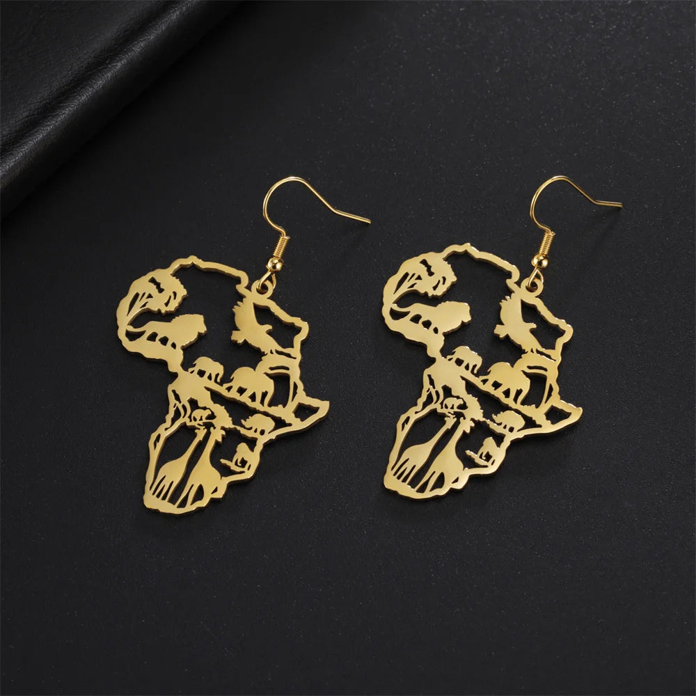 My Shape Africa Map Animal Earrings for Women Lions Elephant Monkey Giraffe Tree Stainless Steel African Jewelry Gifts Female