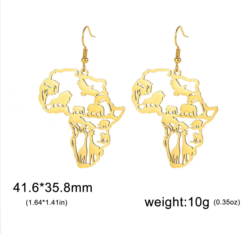 My Shape Africa Map Animal Earrings for Women Lions Elephant Monkey Giraffe Tree Stainless Steel African Jewelry Gifts Female