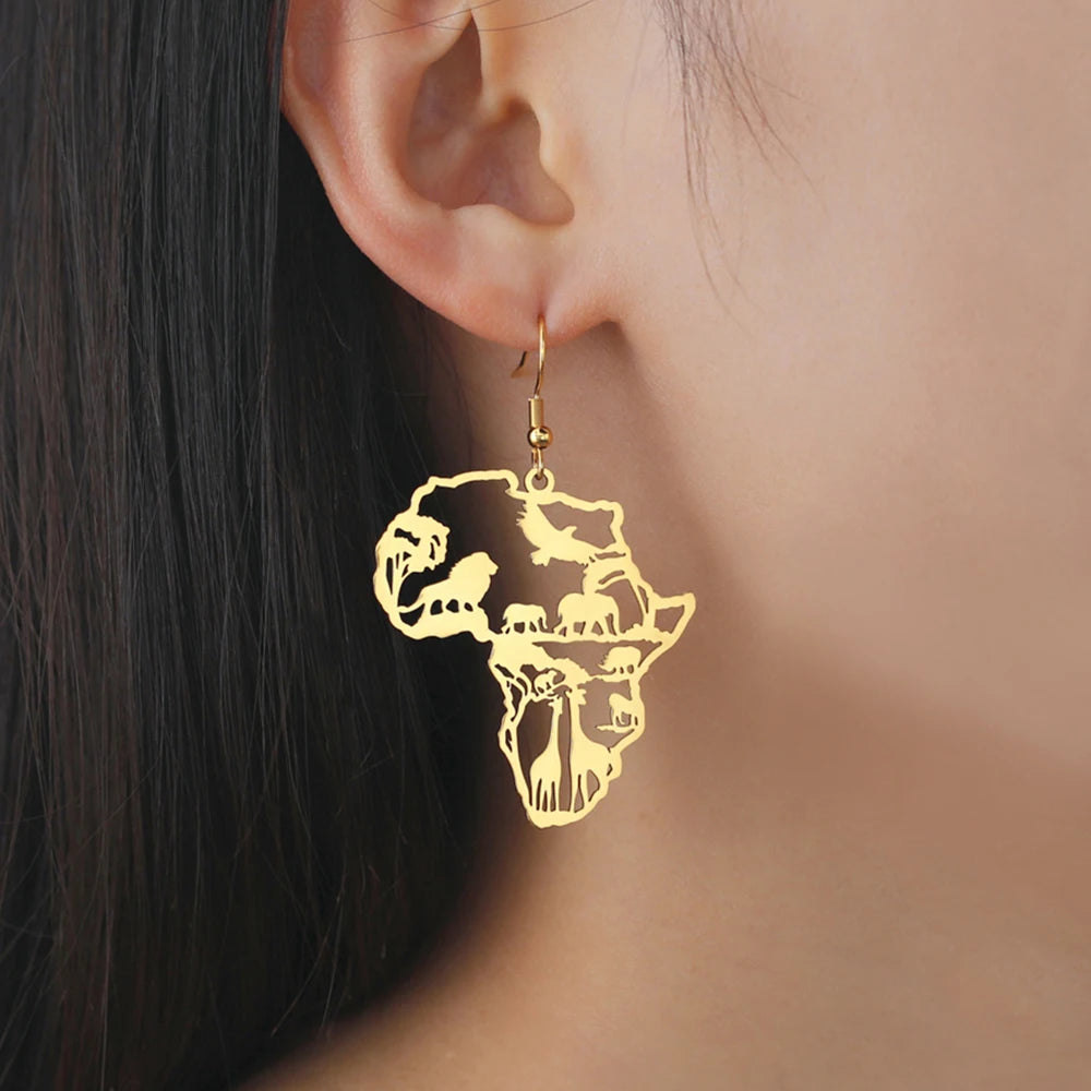 My Shape Africa Map Animal Earrings for Women Lions Elephant Monkey Giraffe Tree Stainless Steel African Jewelry Gifts Female