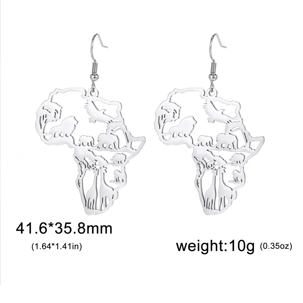 My Shape Africa Map Animal Earrings for Women Lions Elephant Monkey Giraffe Tree Stainless Steel African Jewelry Gifts Female