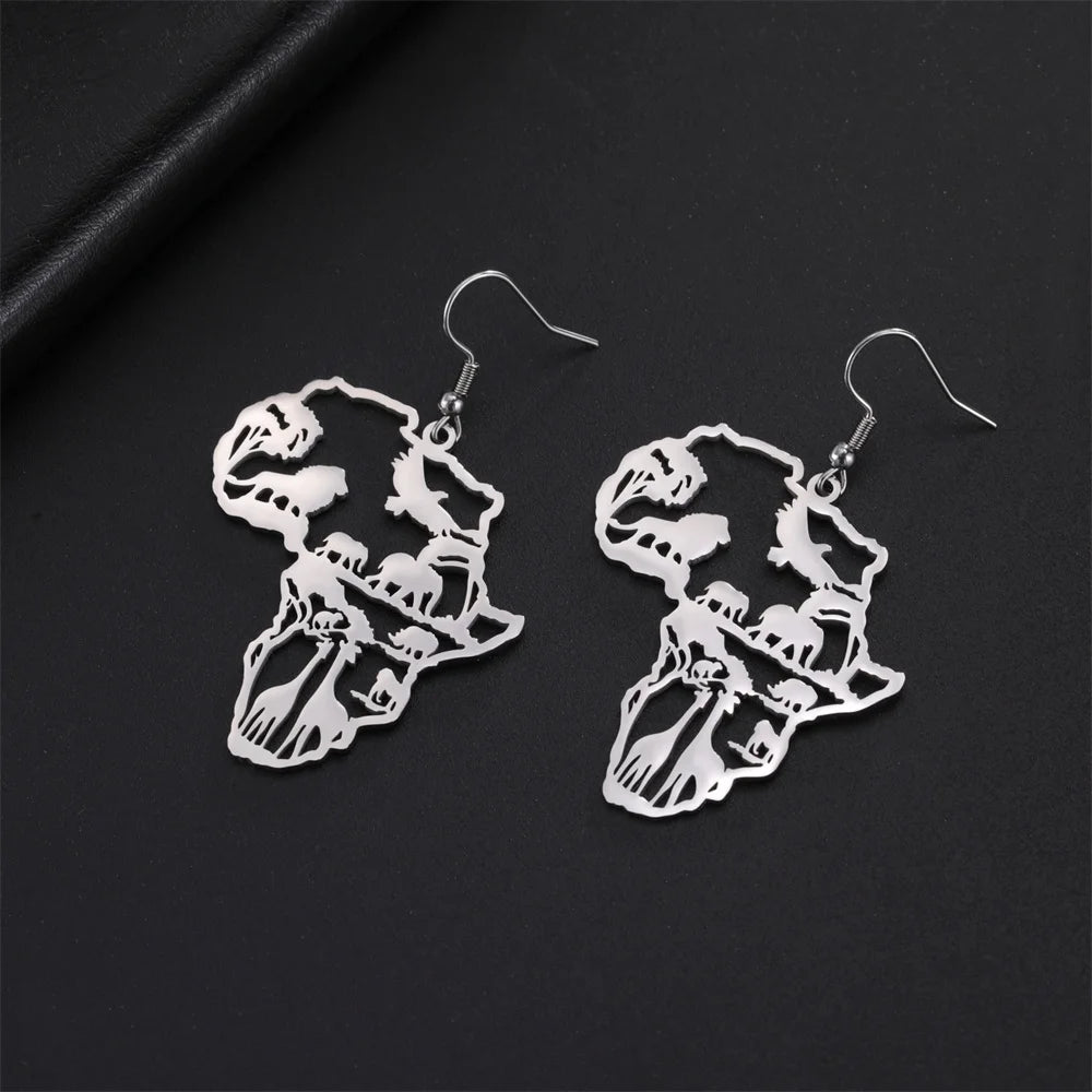 My Shape Africa Map Animal Earrings for Women Lions Elephant Monkey Giraffe Tree Stainless Steel African Jewelry Gifts Female