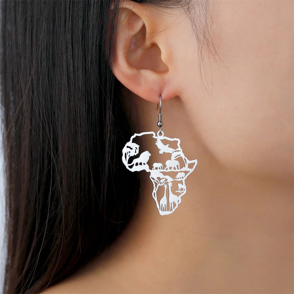 My Shape Africa Map Animal Earrings for Women Lions Elephant Monkey Giraffe Tree Stainless Steel African Jewelry Gifts Female